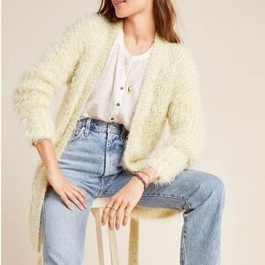 By Anthropologie Larkin Shimmer Belted Tie Waist Cardigan Yellow Metallic Cozy S